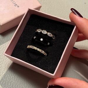 Black Enamel And Diamonique Sterling Silver Ring set of 3 Size 8